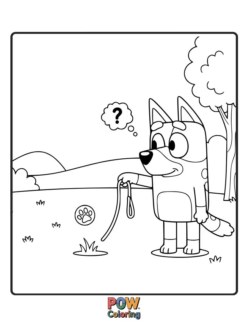 Free coloring page of Bluey is trying to pet and play with an invisible dog, looking very confused.