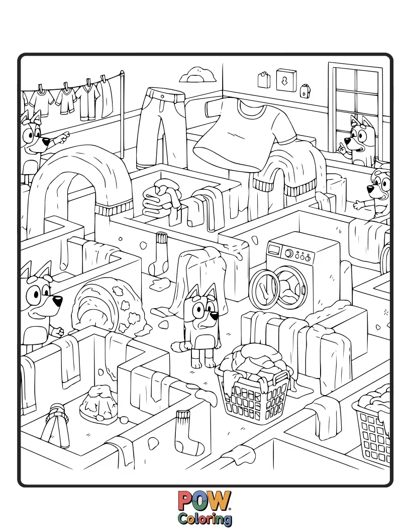 Free coloring page of Bluey is hiding inside a giant pile of laundry, peeking out from a sock.