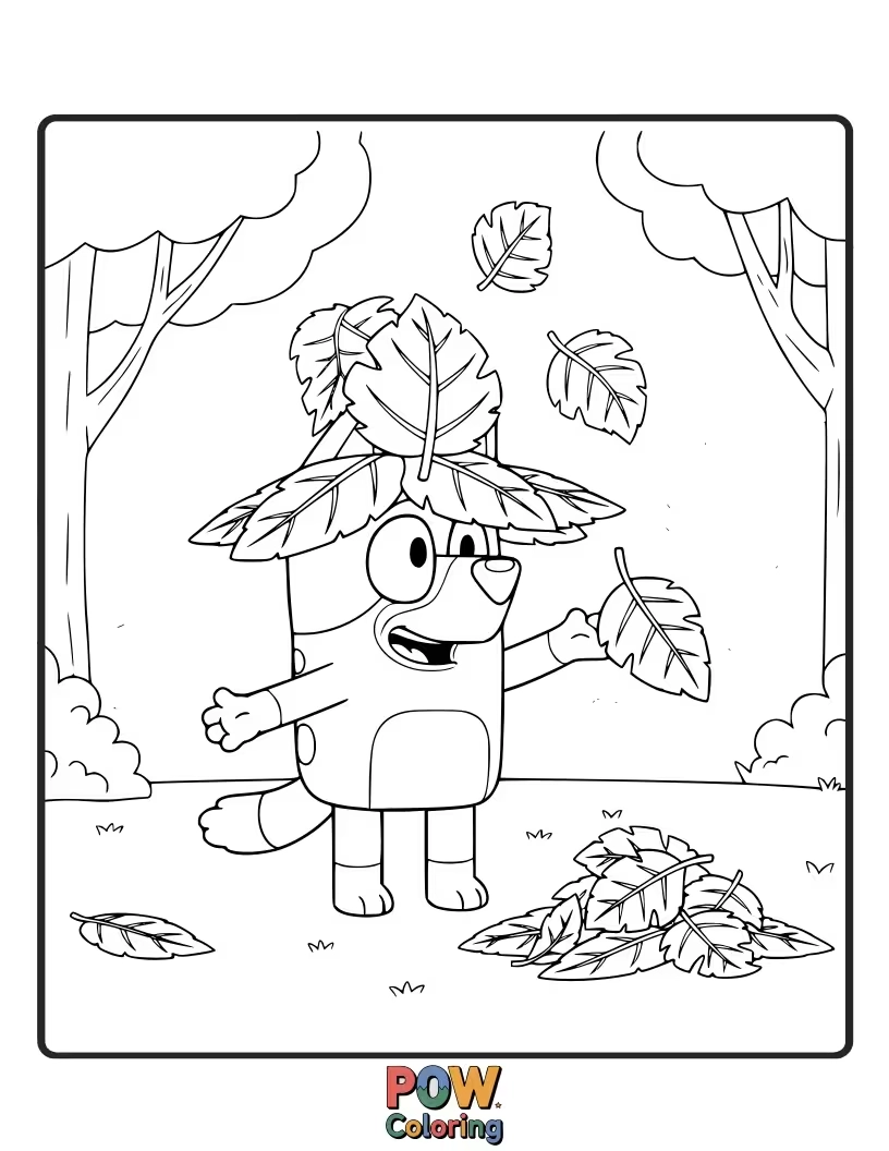 Free coloring page of Bluey has piled so many leaves on her head, it looks like a wig.