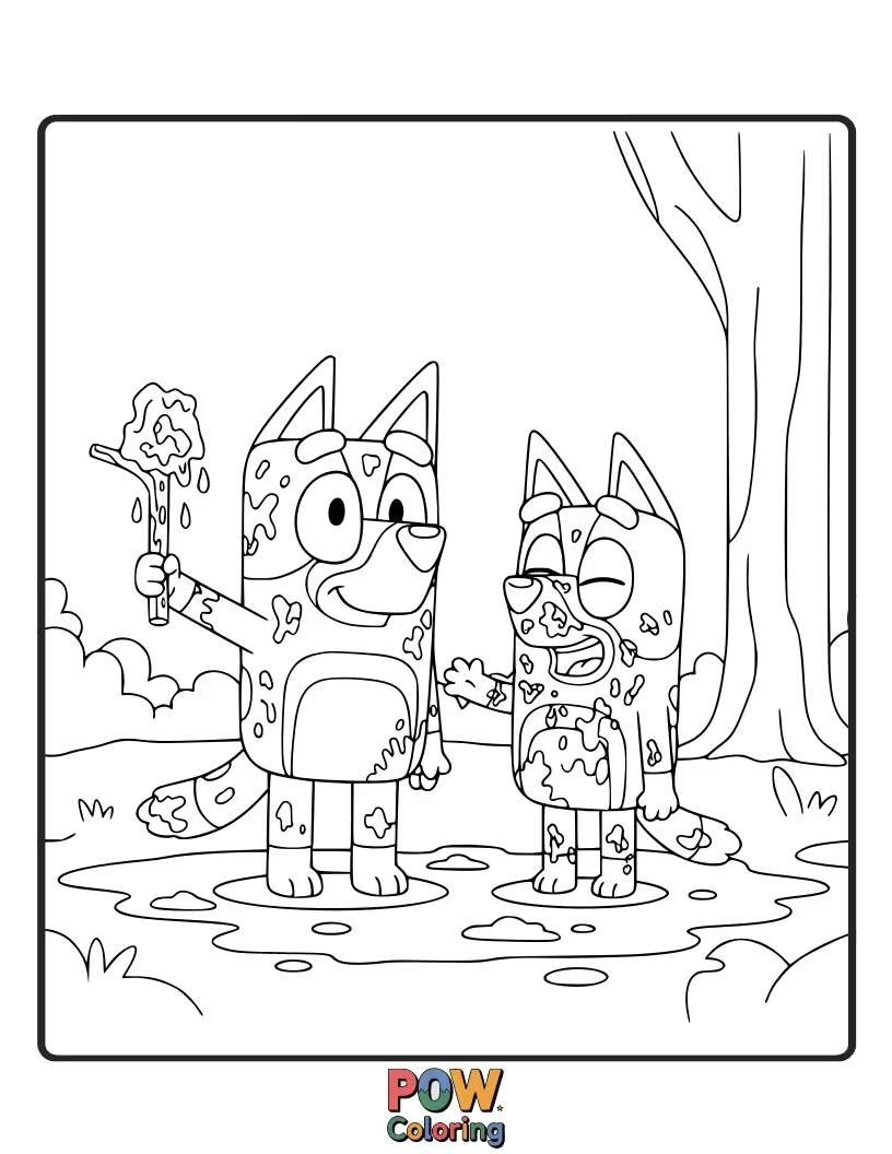 Free coloring page of Bluey is covered head-to-toe in mud, proudly presenting a "painting" made of mud splatters.