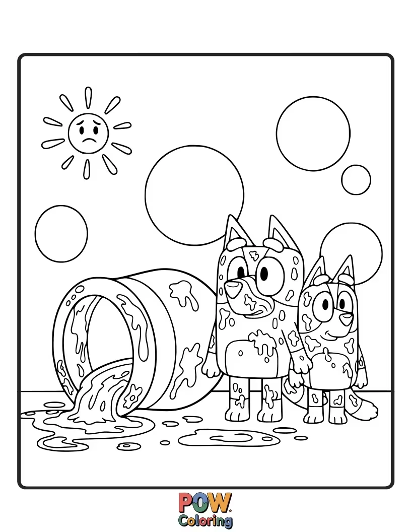 Free coloring page of Bluey has accidentally fallen into a giant pot of paint.