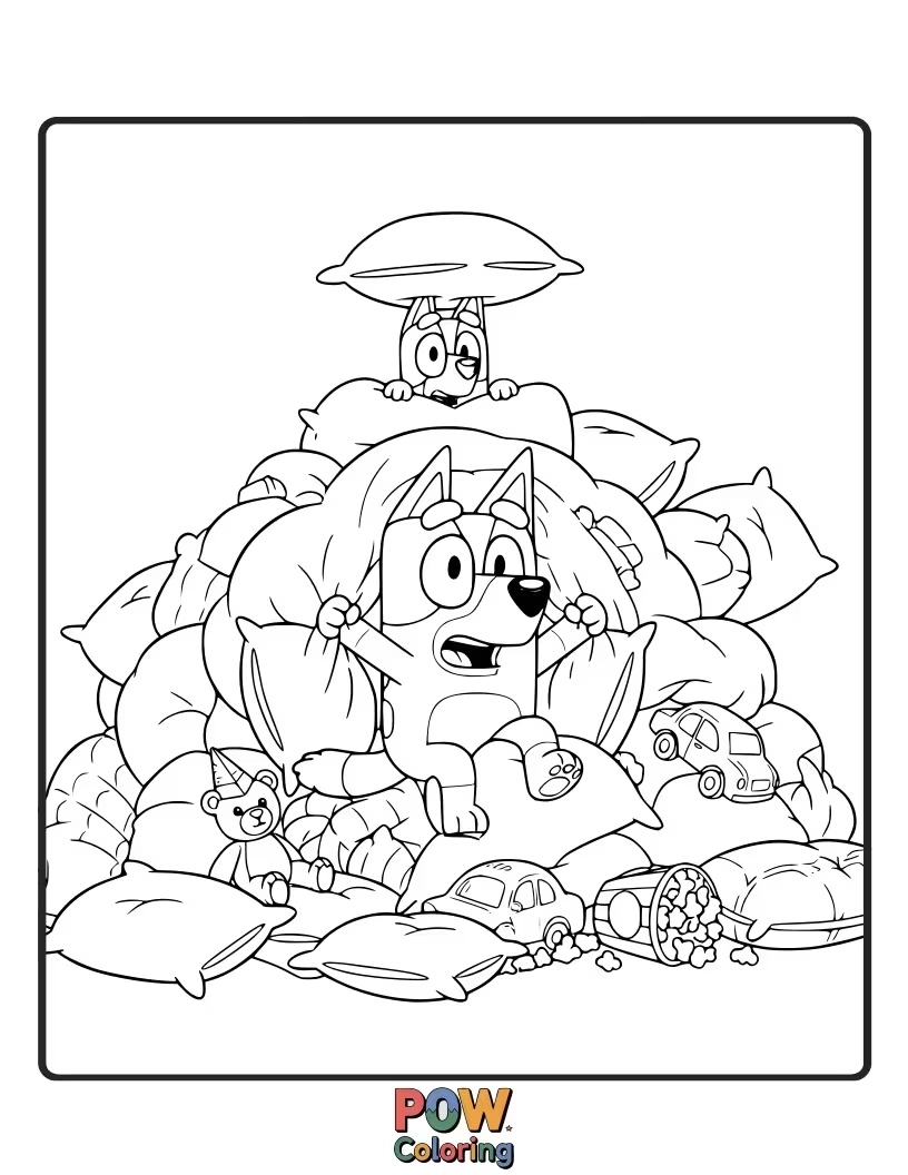 Free coloring page of Bluey's ambitious pillow fort has collapsed, leaving her tangled in blankets.