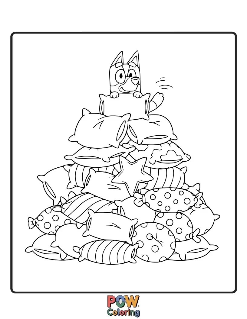 Free coloring page of Bluey is lost in a mountain of pillows, with only her ears visible.