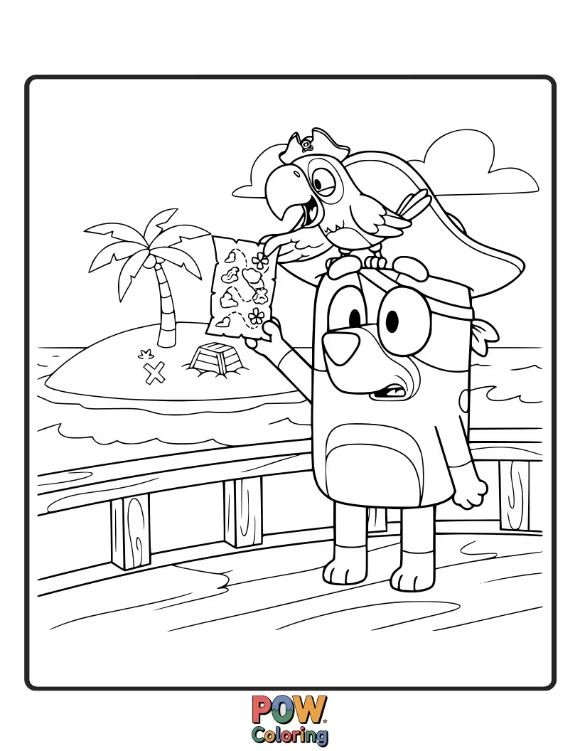 Free coloring page of Bluey is trying to balance a very large, funny-looking parrot on her shoulder.