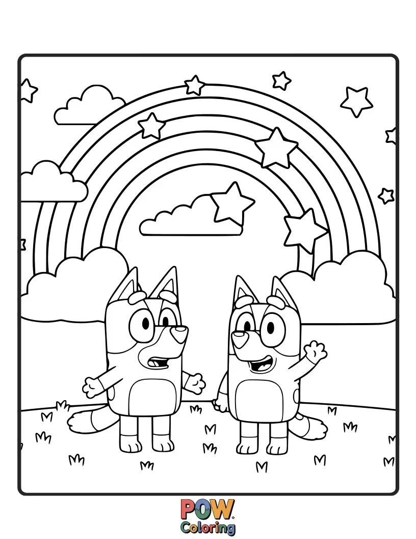 Free coloring page of Bluey has accidentally walked through a rainbow, leaving colorful streaks on her fur.