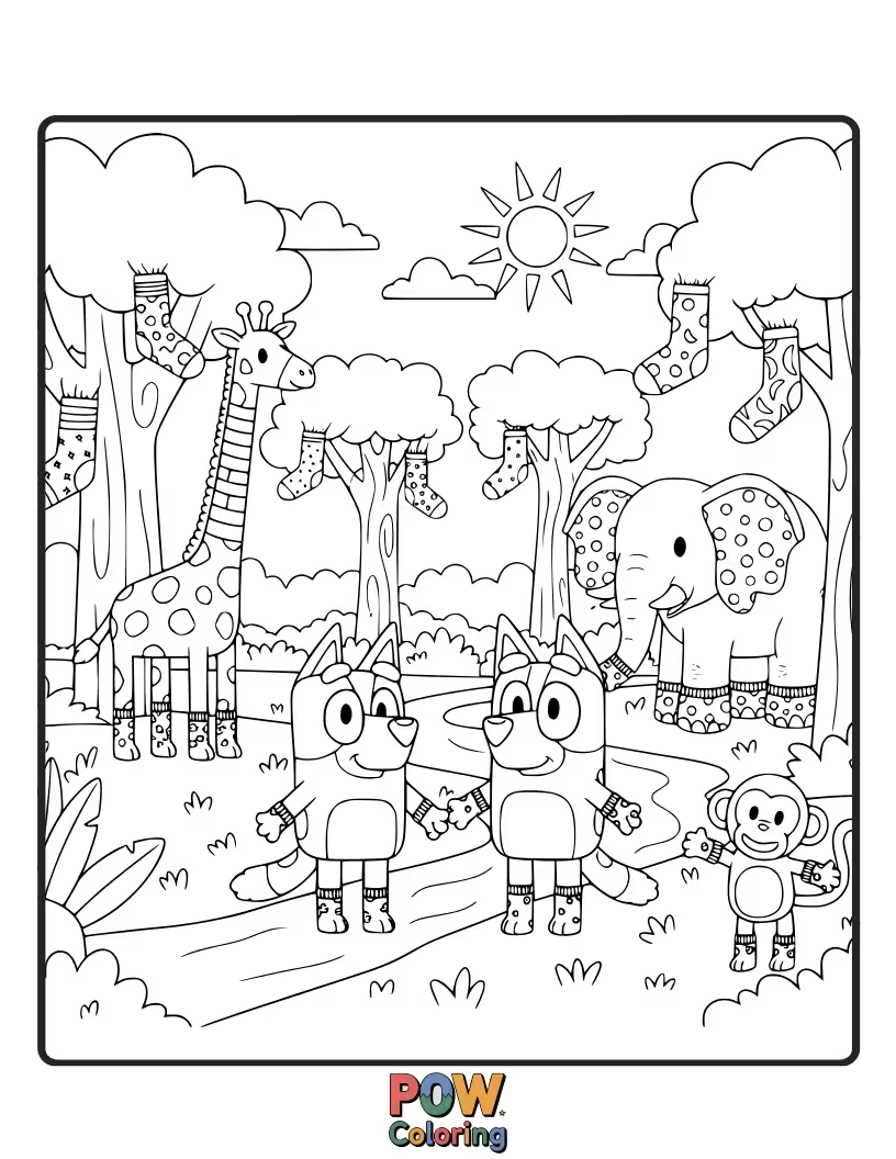 Free coloring page of Bluey is wearing socks on her hands and pretending they are animal heads.