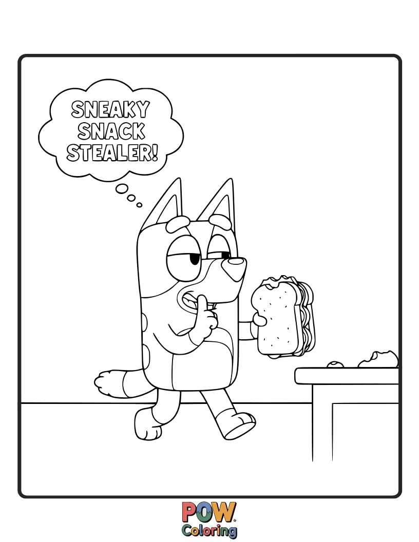 Free coloring page of Bluey is trying to quietly sneak a cookie while wearing a silly disguise.