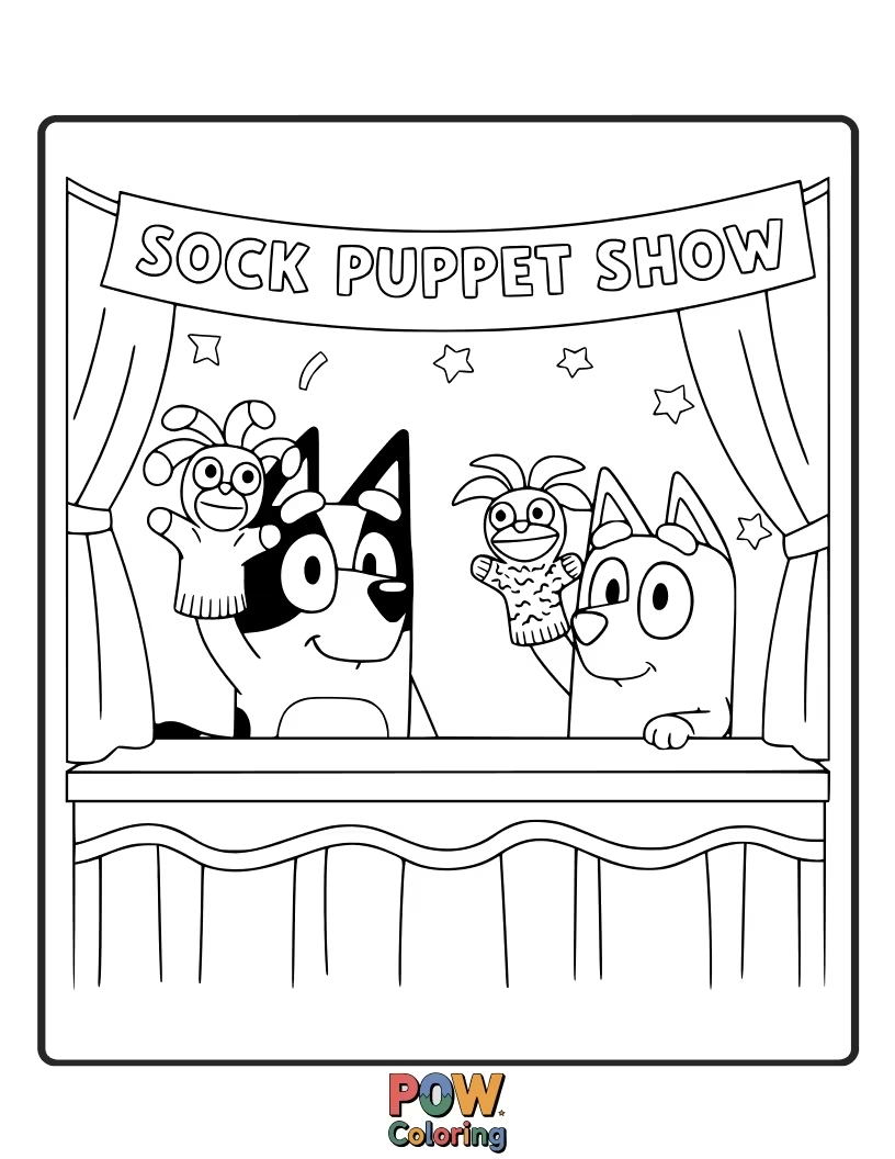 Free coloring page of Bluey is putting on a sock puppet show where the puppets are wearing funny costumes.