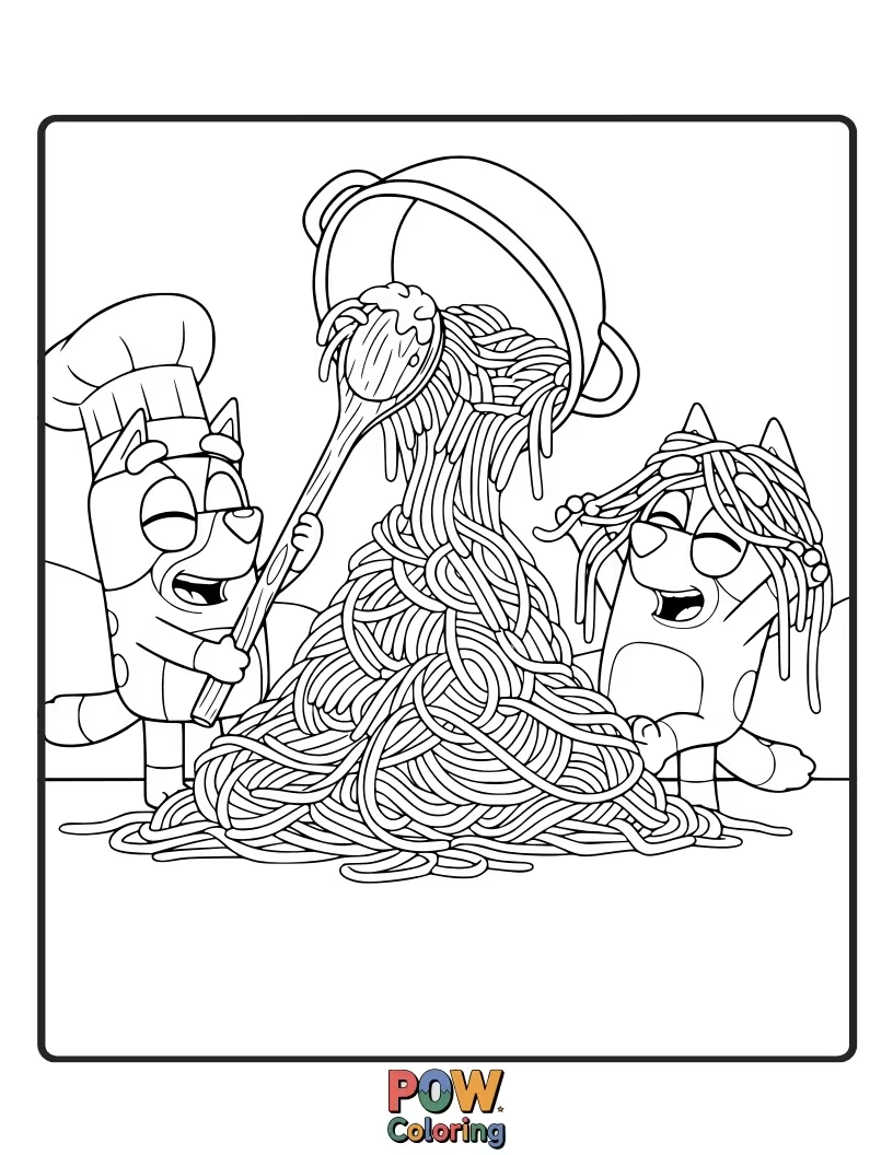 Free coloring page of Bluey is wearing a massive spaghetti noodle as a scarf, looking very pleased.