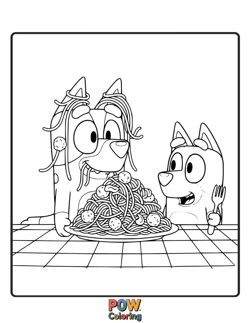 Free coloring page of Bluey is wearing a giant, messy spaghetti-covered chef hat, looking very proud of her creation.