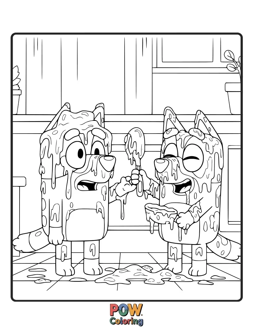 Free coloring page of Bluey is stuck to a giant lollipop, looking a bit bewildered.