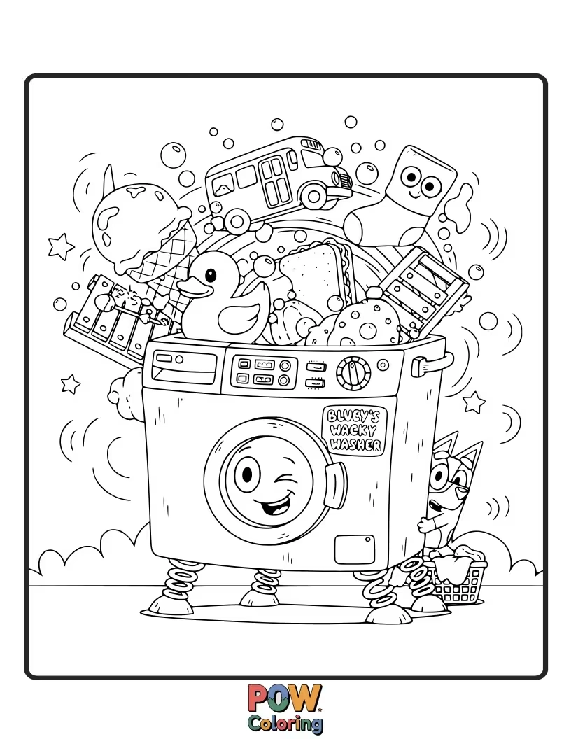 Free coloring page of Bluey is peeking out of a washing machine, surrounded by colorful clothes.