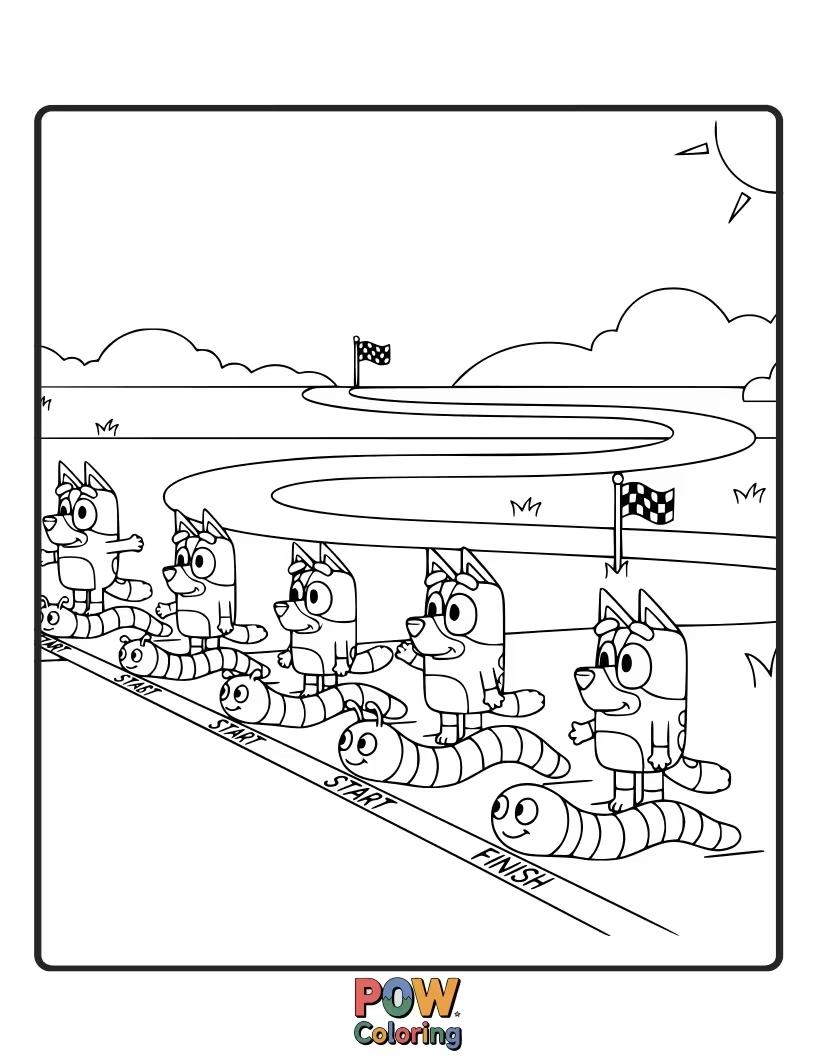 Free coloring page of Bluey is cheering for a line of very wiggly worms racing across the yard.