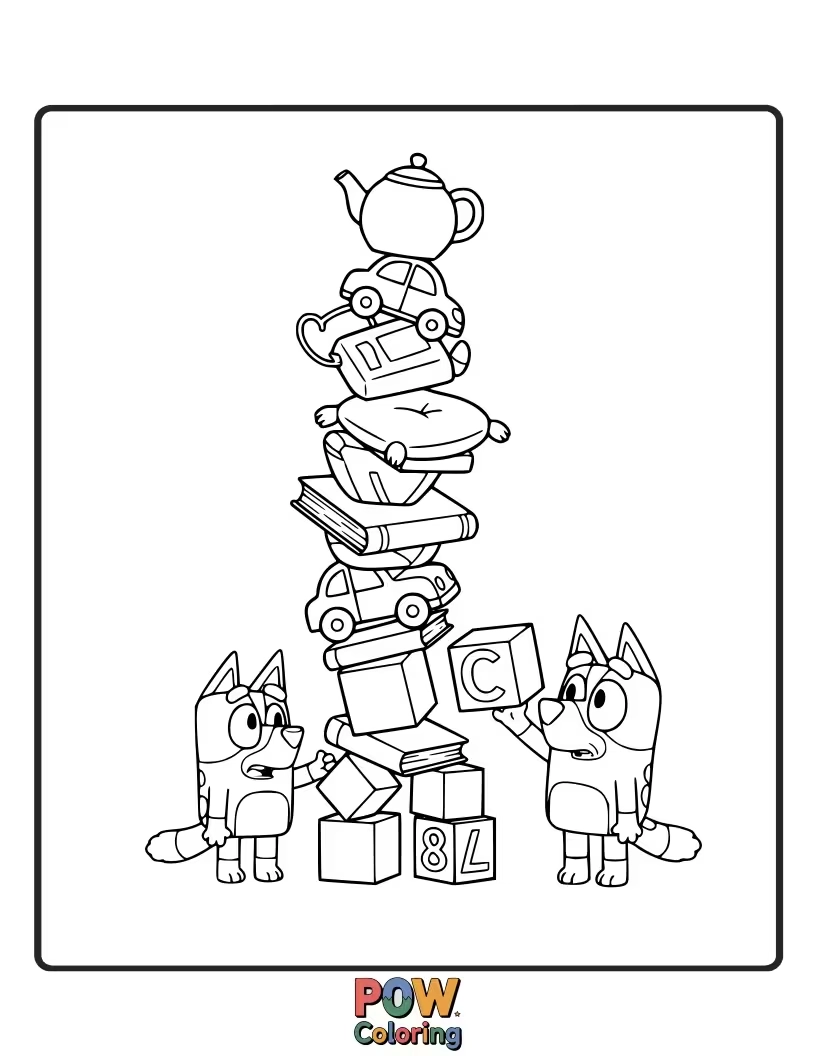 Free coloring page of Bluey has built a precariously tall tower of pillows that's about to tumble down.