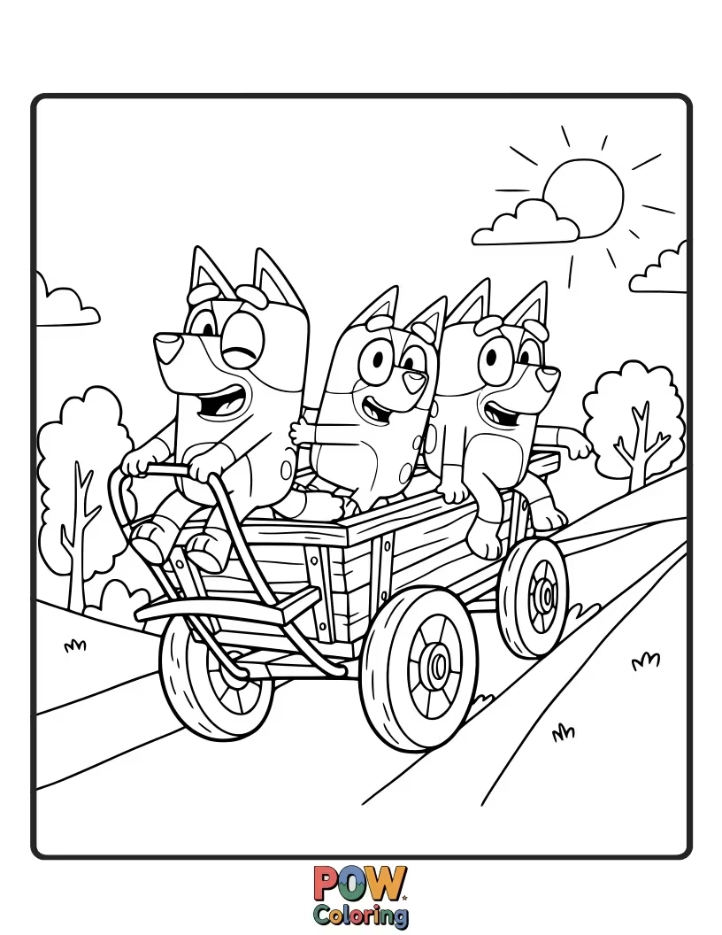 Free coloring page of Bluey is riding in a wagon that's tilting precariously with too many toys.