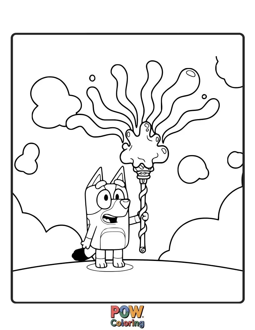 Free coloring page of Bluey is trying to walk in shoes that are way too big and floppy.