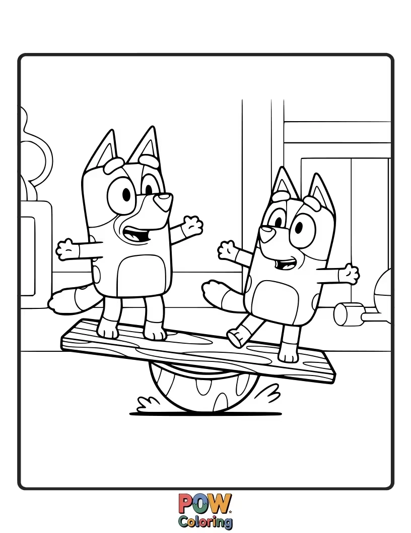 Free coloring page of Bluey is trying to balance on a wobble board with very exaggerated movements.