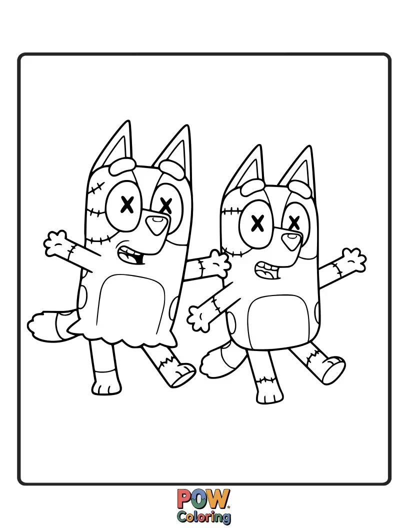 Free coloring page of Bluey, doing her best zombie impression, shuffles with a goofy grin and outstretched arms.