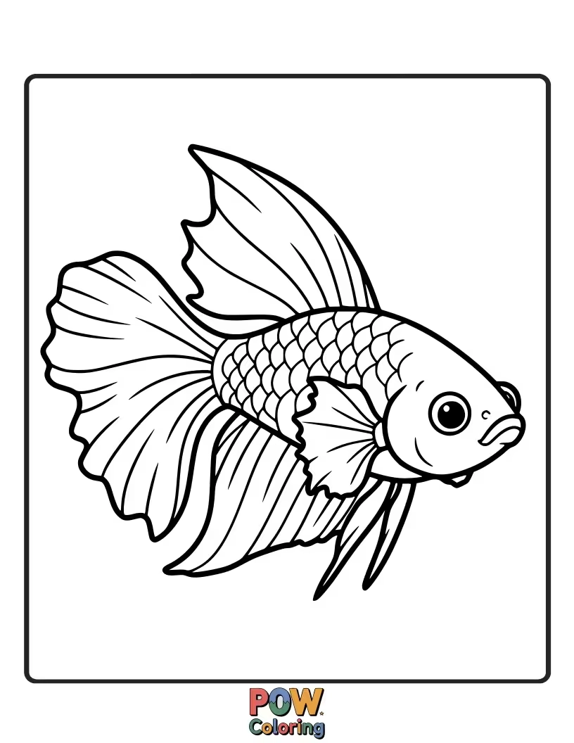 Free coloring page of A proud betta fish with flowing fins, designed with clear lines for easy coloring and a focus on distinct features.