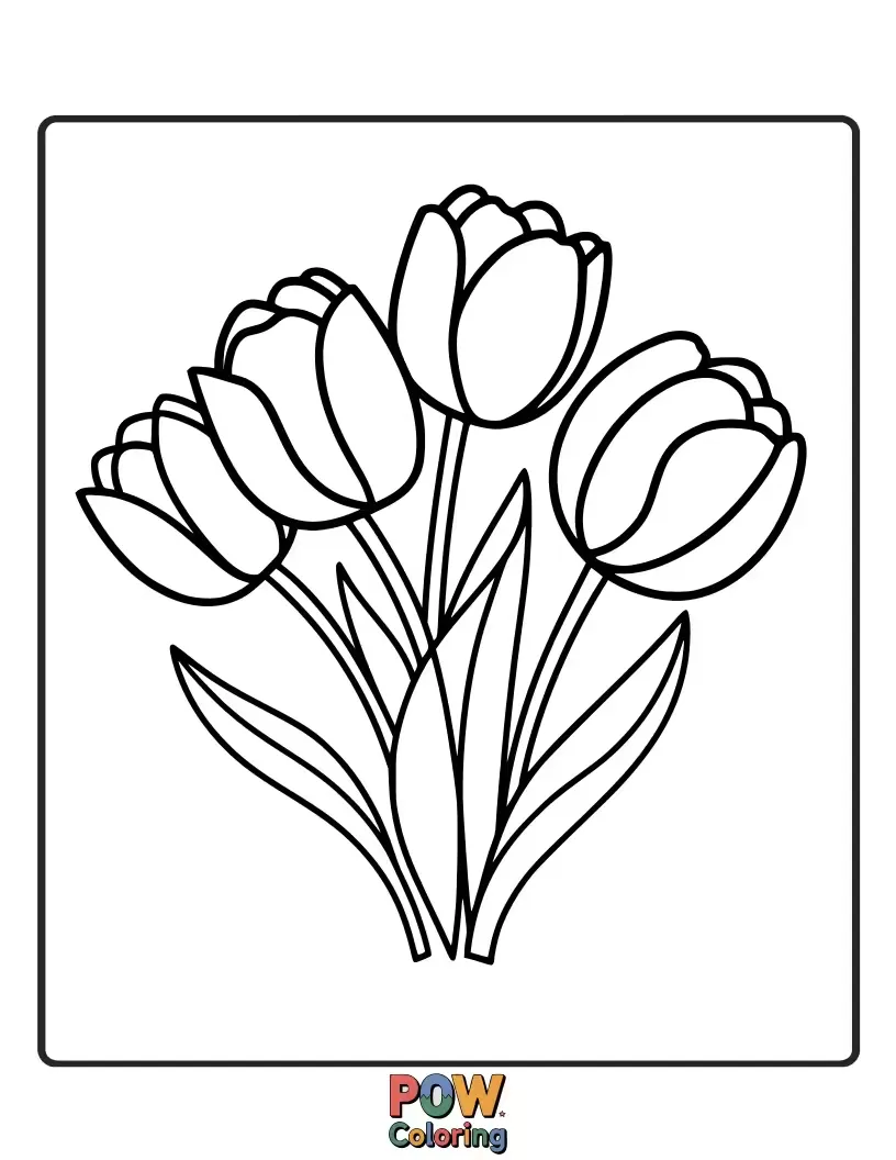 Free coloring page of Striking tulips in various stages of bloom create a bold visual, perfect for experimenting with vibrant color combinations.