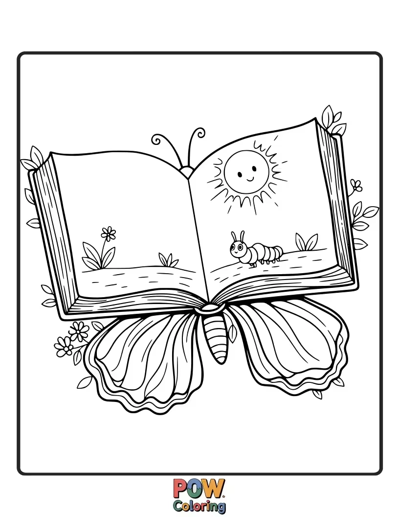Free coloring page of A literary butterfly with wings made of folded book pages, sharing exciting tales with a curious squirrel.