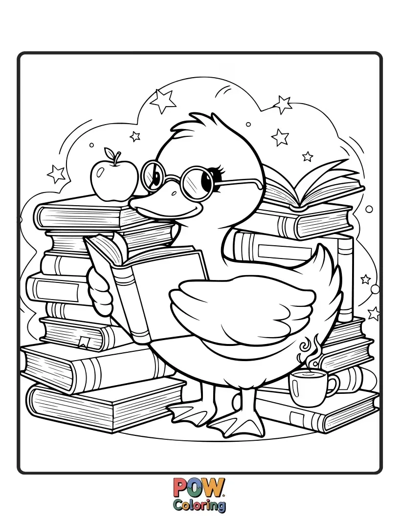 Free coloring page of A wise duck engrossed in a large, open book, surrounded by shelves of stories.