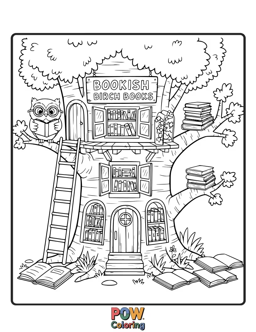 Free coloring page of Elegant birch trees whose bark patterns resemble open books, filled with stories waiting to be read.