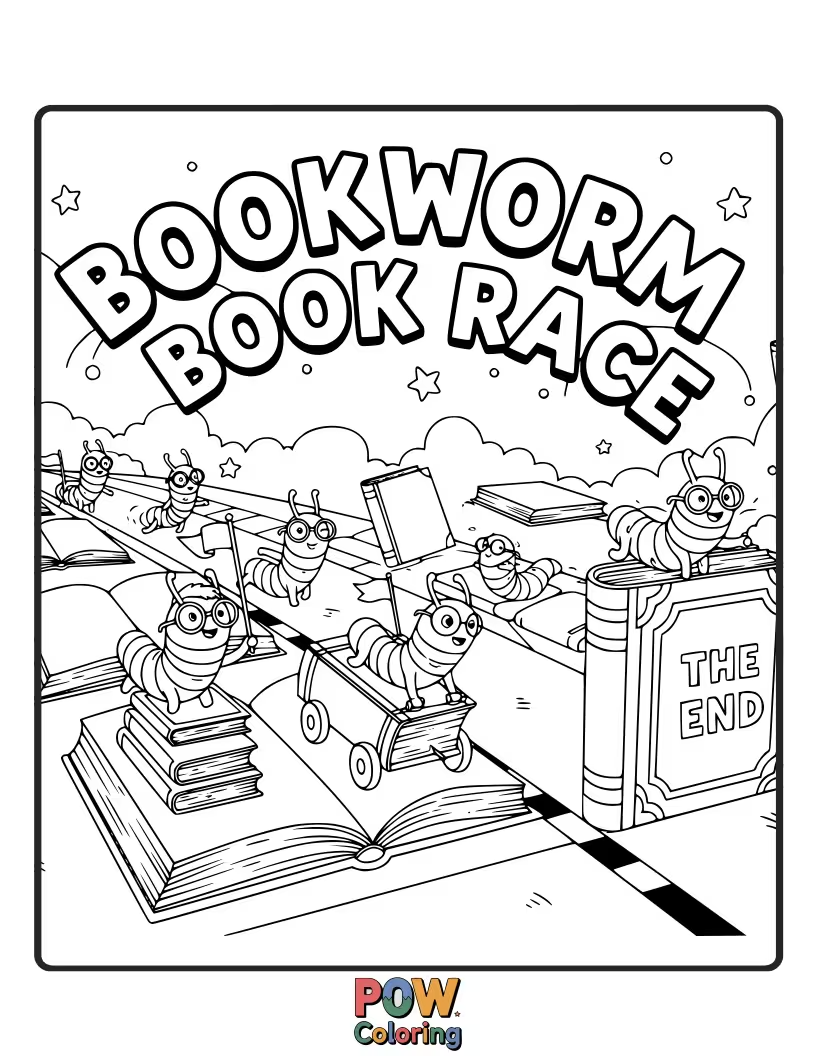 Free coloring page of A tiny bookworm with glasses is speed-reading its way through a stack of books in a literary race.