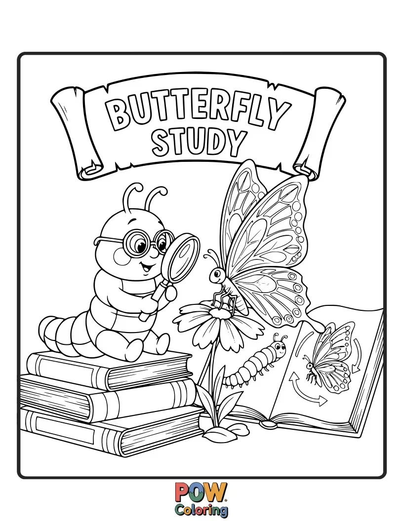 Free coloring page of A studious butterfly with glasses and book-shaped wings, engrossed in a large, open textbook. Learning time!