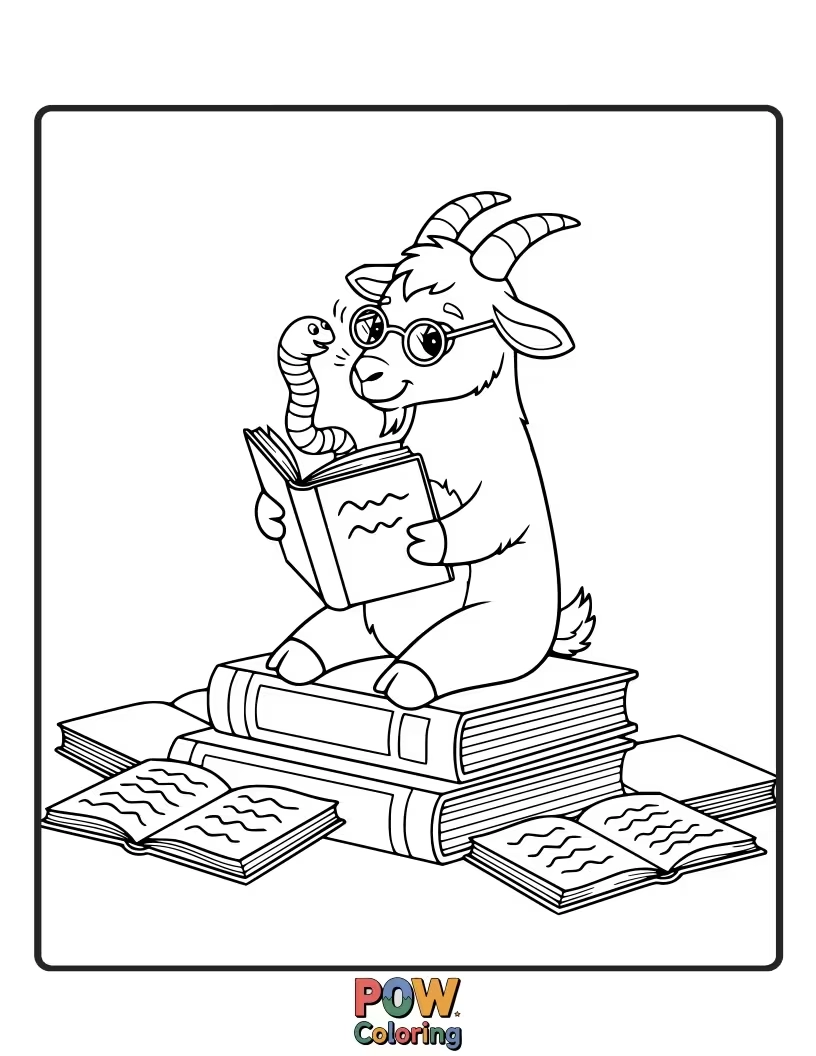 Free coloring page of A studious goat wearing spectacles, engrossed in a large, open book, surrounded by stacks of more books.