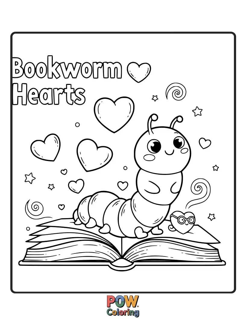 Free coloring page of Hearts peeking out from stacks of books, with cute bookmarks. For the love of reading.