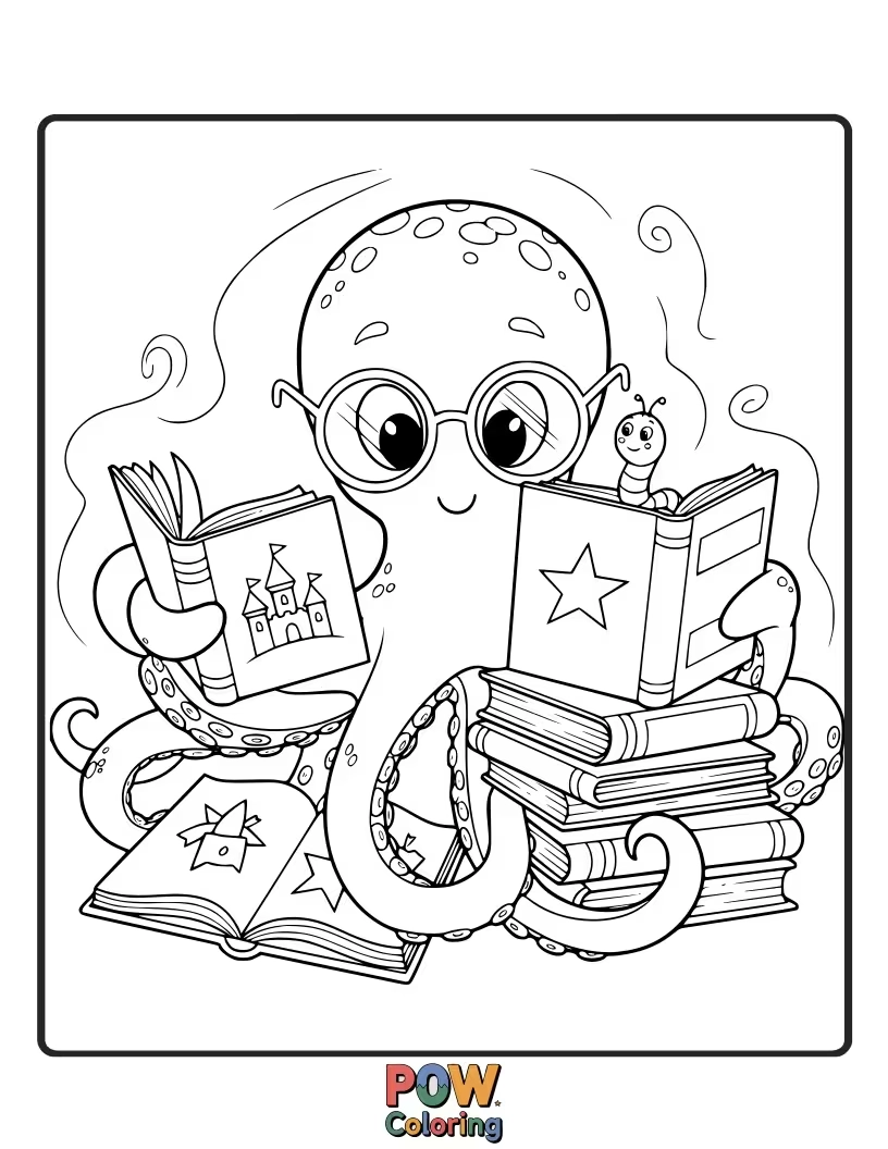 Free coloring page of This studious octopus has its tentacles full of books, happily lost in a story with glasses on its nose.