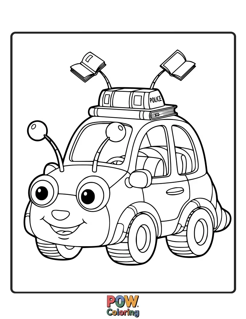 Free coloring page of Bookworm police car, intellectual, solves mysteries with its vast knowledge, reading clues from its stack of books.