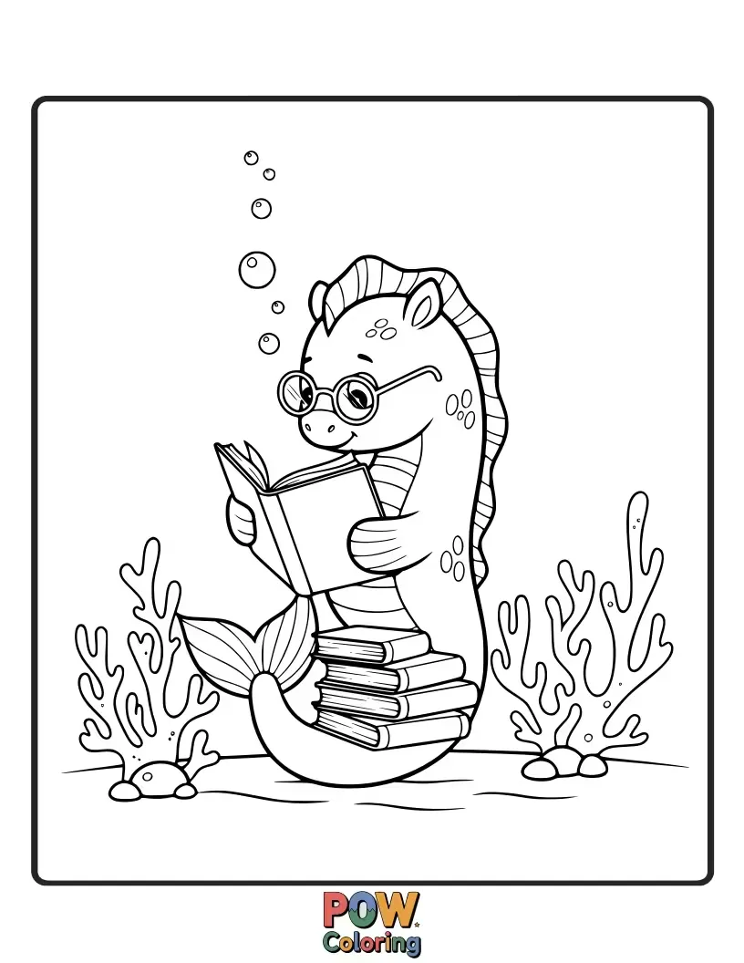 Free coloring page of A studious sea horse with spectacles perched on its nose, engrossed in reading an open seashell book.