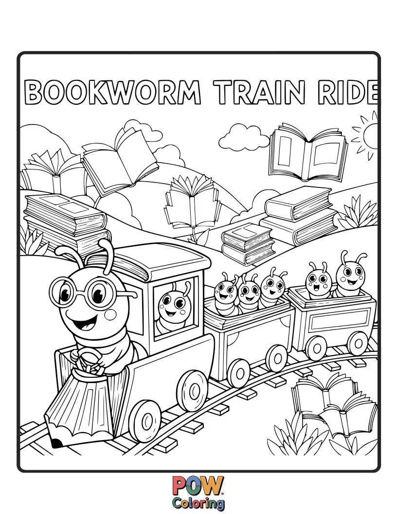 Free coloring page of A train filled with books and cozy reading nooks for literary adventures. Curl up and color this intellectual journey.