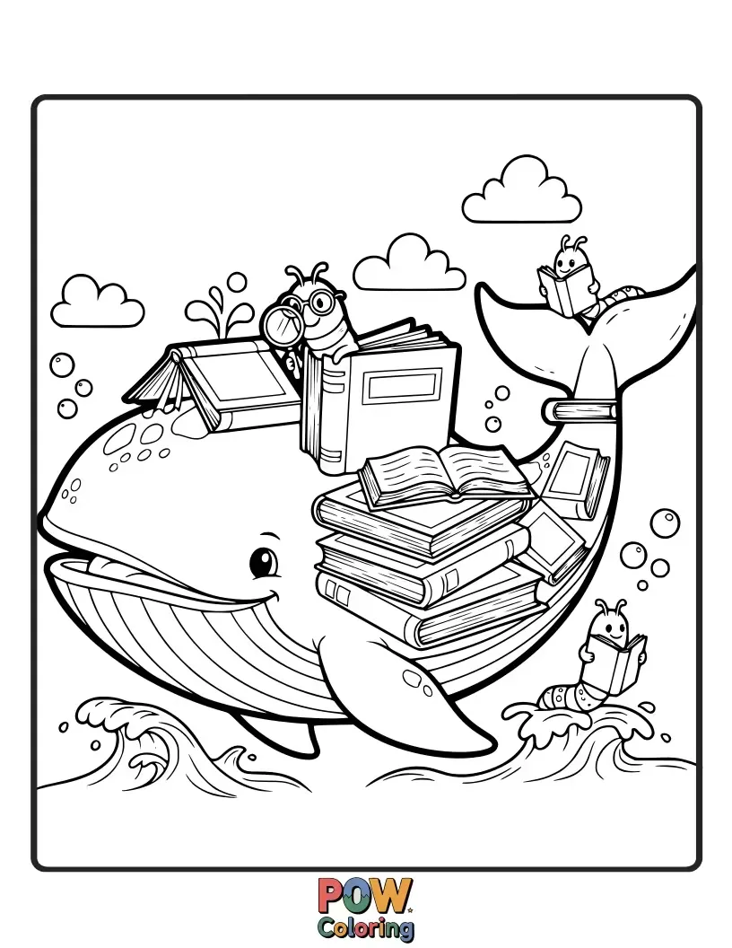 Free coloring page of A studious whale peeking over a stack of oversized books, with spectacles perched on its nose in a cozy library nook.