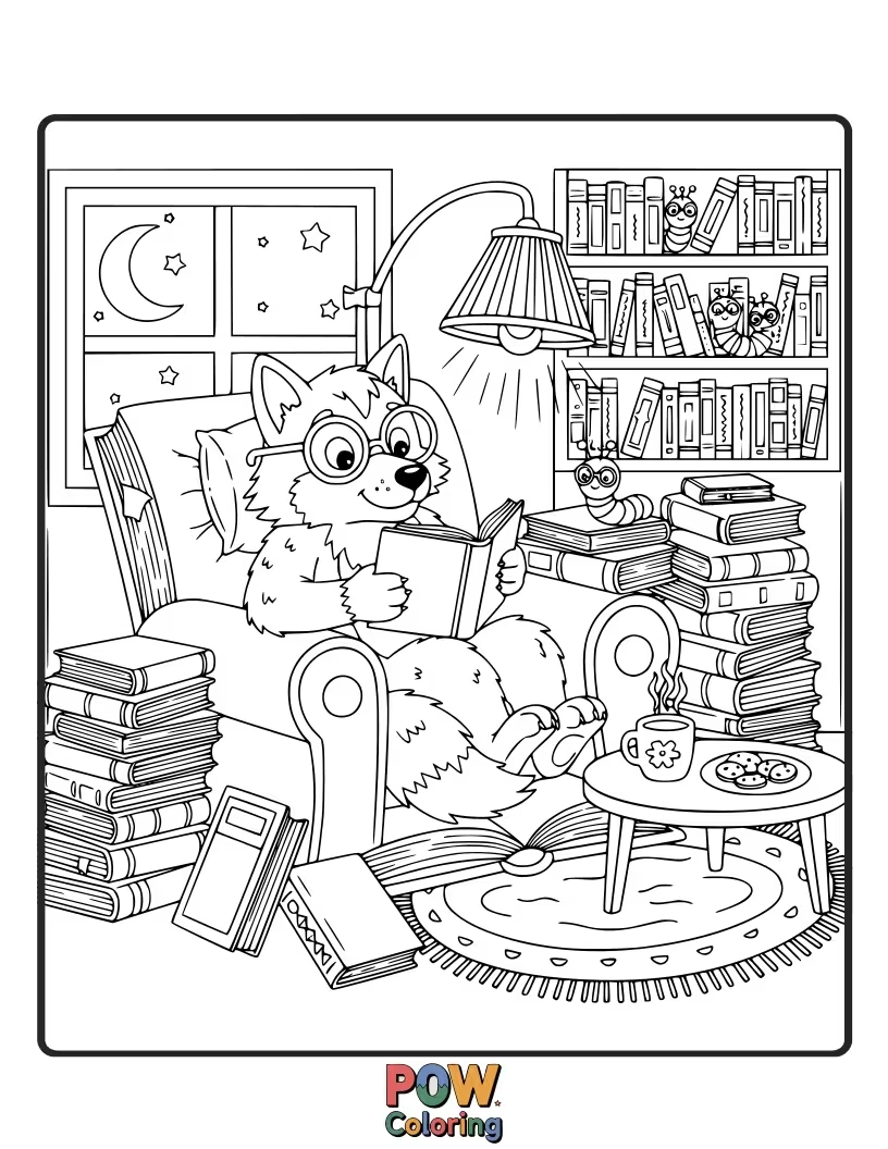 Free coloring page of A studious wolf snuggled in a chair, engrossed in a giant book.