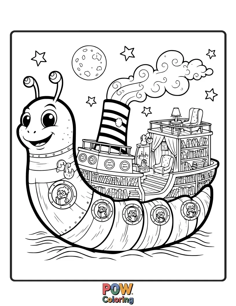 Free coloring page of A cozy ship constructed from stacked books, its sails made of open pages, perfect for a literary journey.