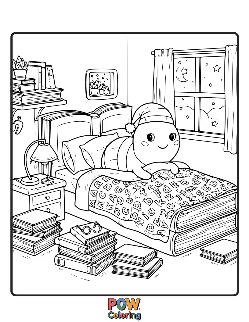 Free coloring page of Stacks of books, cozy reading chairs, and a lamp create a perfect sanctuary for story lovers.