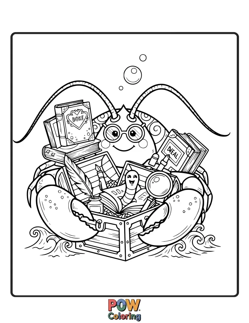 Free coloring page of A smart lobster discovering a hidden treasure chest filled with ancient scrolls and precious sea gems.