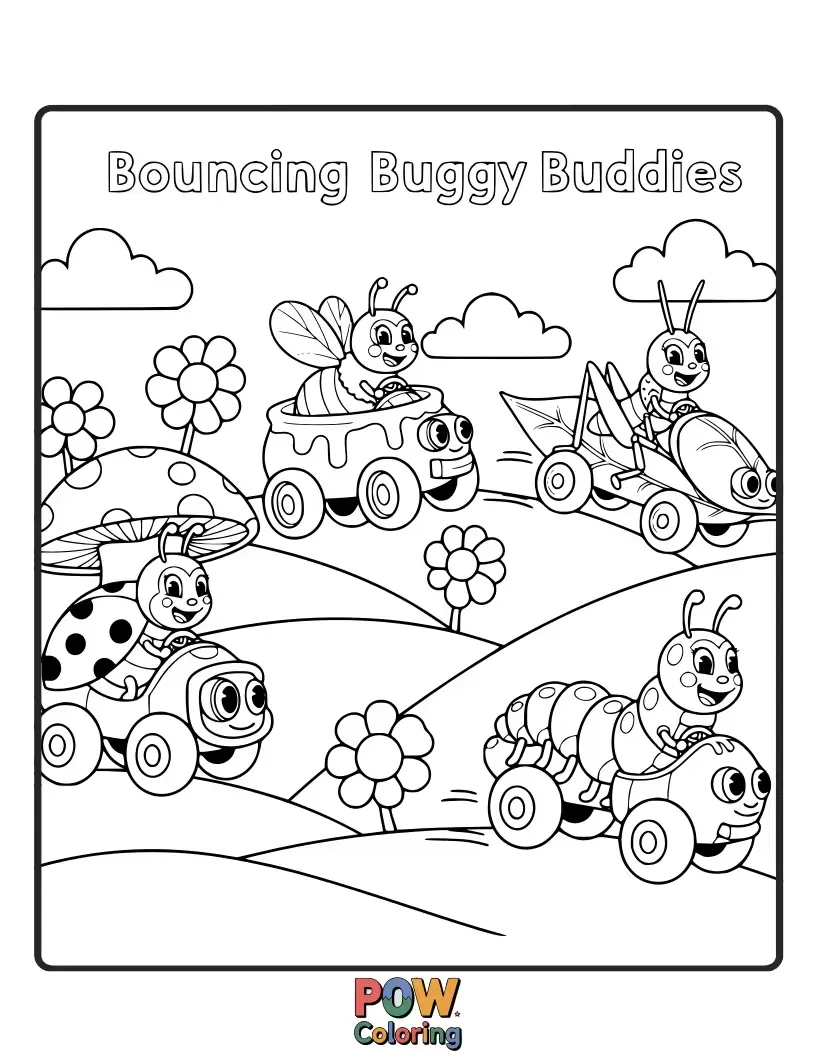 Free coloring page of Small, round cars bouncing happily along a bumpy path, with excited expressions and energetic wheels.