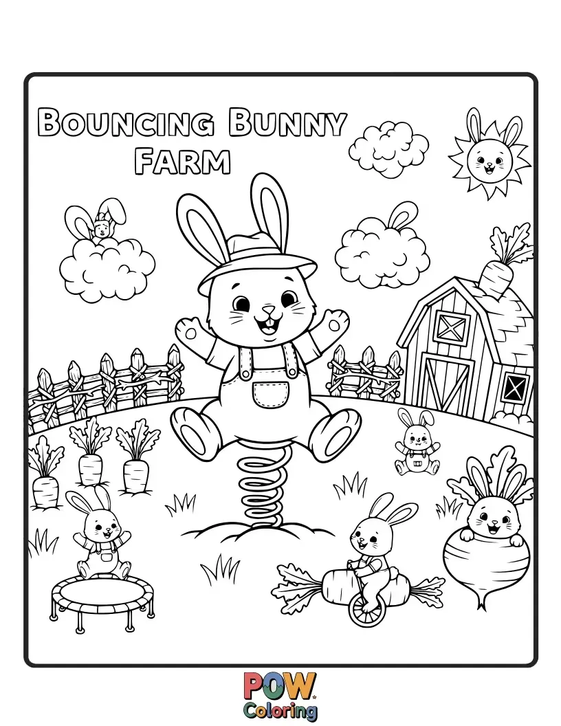 Free coloring page of Energetic bunnies leaping joyfully through fields of clover on a sunny farm.
