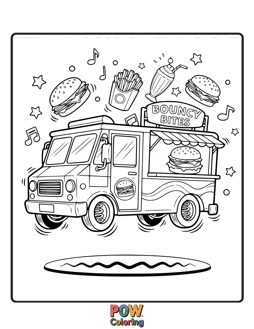 Free coloring page of A fun food truck with bouncy wheels, serving juicy burgers with a dynamic and energetic vibe.