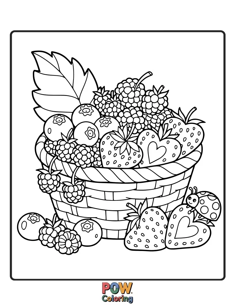 Free coloring page of A woven basket brimming with plump, juicy berries and a few festive autumn leaves. Simple, sweet abundance.