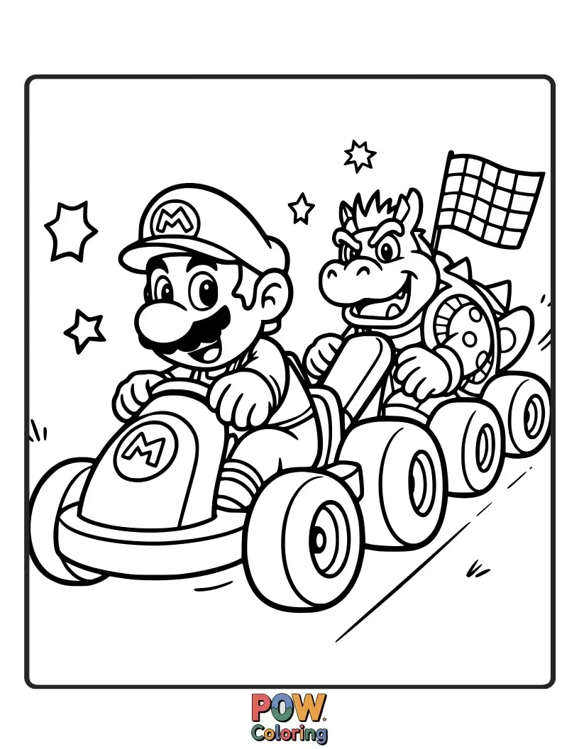 Free coloring page of Mario racing forward Bowser with a determined smile.