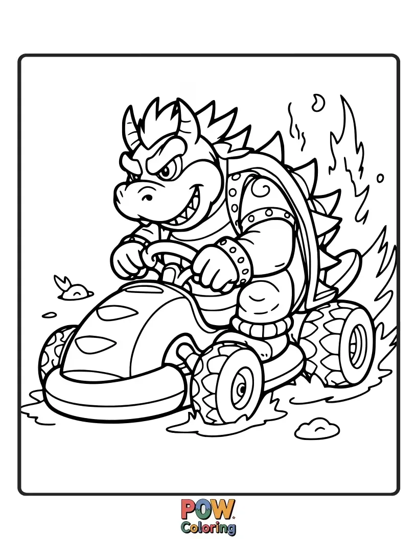 Free coloring page of Mischievous Bowser with a grin driving a spiky kart. Tiny flames shoot out from the back.