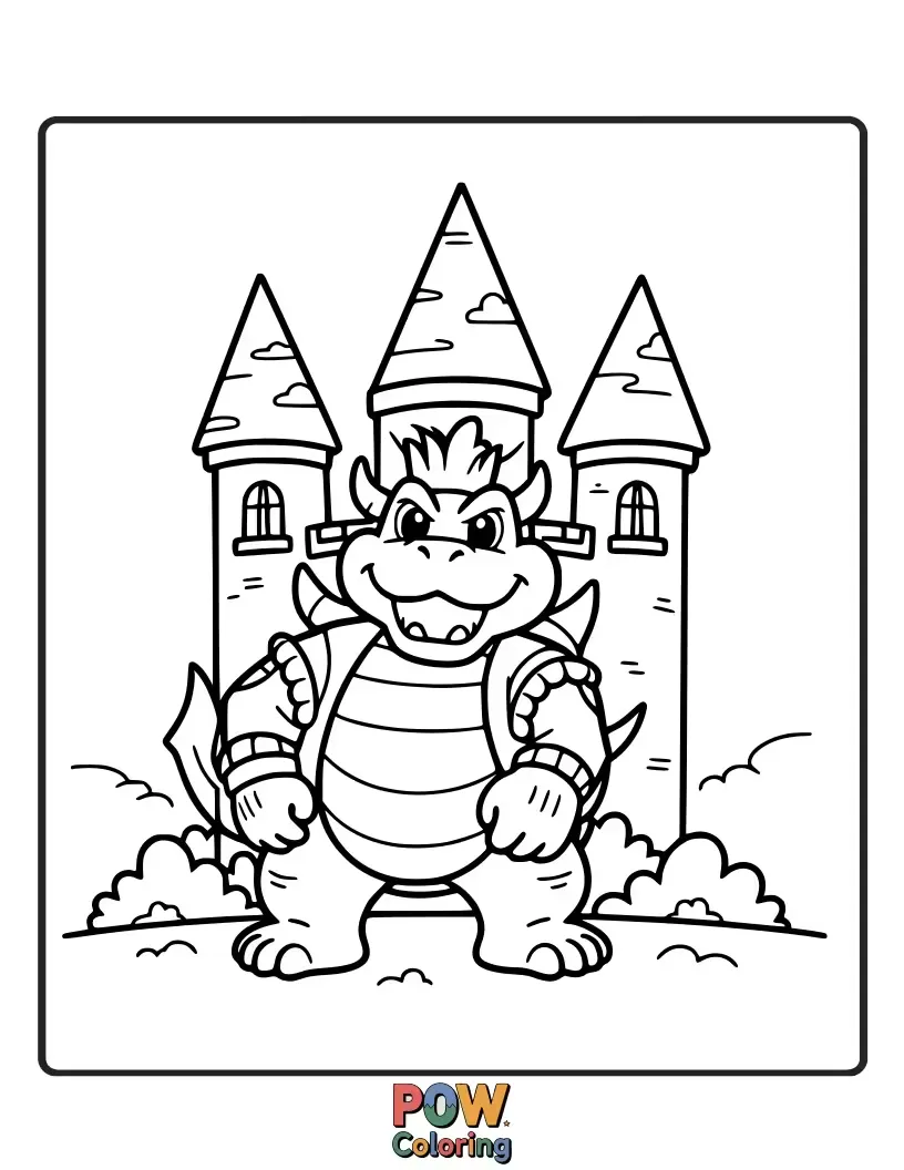 Free coloring page of Bowser with a friendly smile stands proudly in front of his castle.