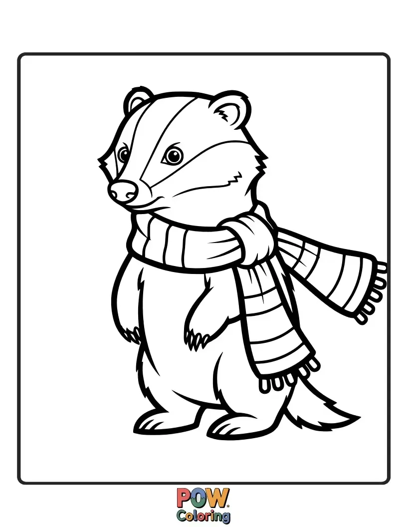Free coloring page of A determined badger sporting a rugged, textured scarf. Perfect for exploring earthy tones and strong designs.