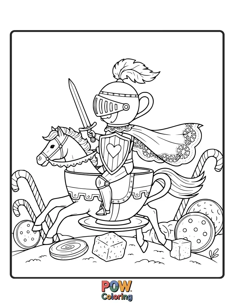 Free coloring page of Valiant cups as knights, ready for adventure with tiny shields and shining armor. A heroic quest!