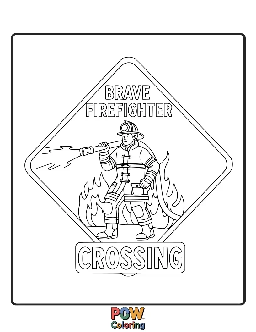 Free coloring page of A "Fire Station" or "Fire Route" crossing sign, adding context to the heroic world of firefighters.
